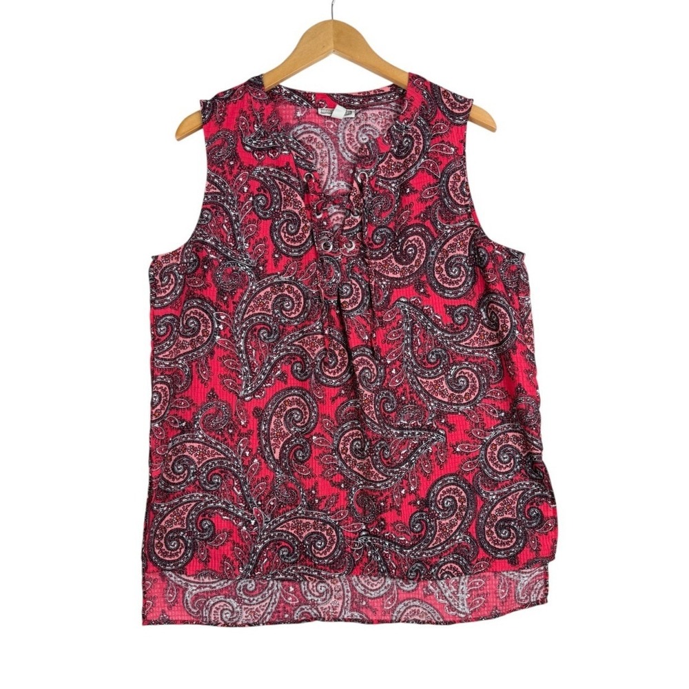Dana Buchman Sleeveless Tunic High Low Blouse Red Paisley Tie Neckline Size XL